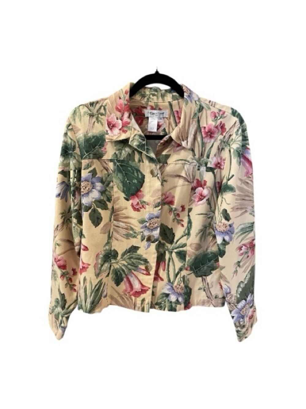 Coldwater Creek Floral Jacket - Green, Pink, Cream Floral 100% Cotton Colorful